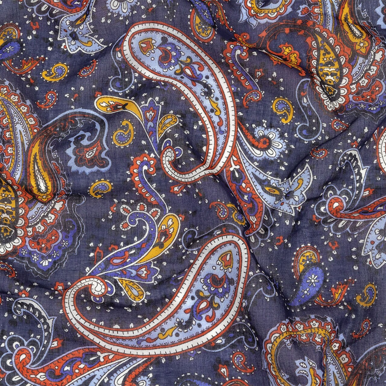 1 Yard Gauzy Cotton Voile Navy Pompeian Red and Goldenrod Paisley Fabric